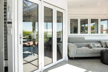 side angle view of white upvc bi fold door